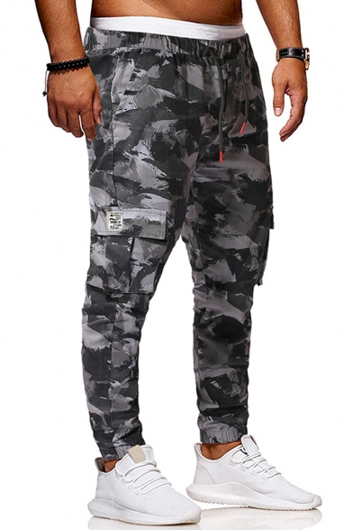 Men's Cool Fashion Camouflage Printed Drawstring Waist Casual Cargo Pants with Side Flap Pocket