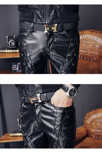 Men's Cool Fashion Crisscross Tied Design Zipper Embellished Black PU Leather Night Club Pencil Pants