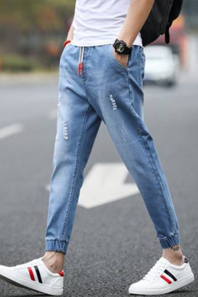 Men's Fashion Ripped Detail Drawstring Waist Elastic Cuffs Casual Jeans