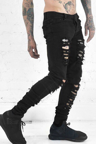Men's Fashion Simple Plain Distressed Skinny Ripped Jeans