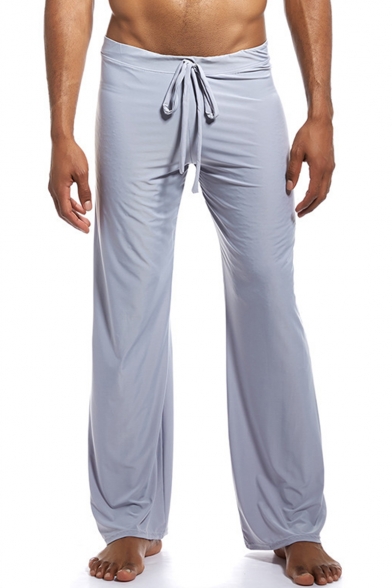 Men's Hot Fashion Simple Plain Ice Silk Fabric Drawstring Waist Wide Leg Homewear Pants