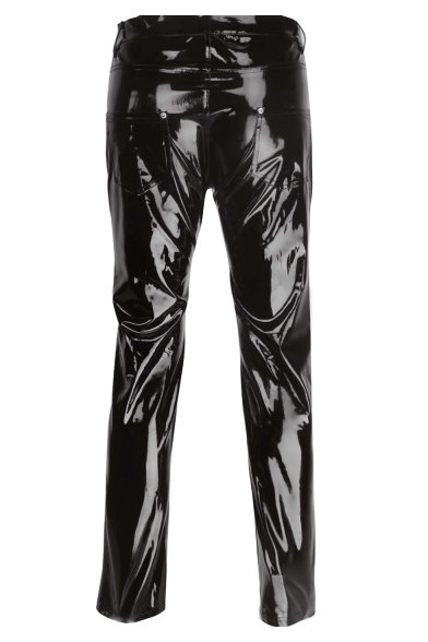 Men's Hot Fashion Solid Color Black High Gloss Patent Leather Sexy Night Club Pants