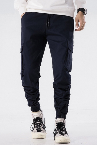 Men's New Fashion Basic Plain Flap Pocket Side Drawstring Waist Elastic Cuffs Casual Cotton Cargo Pants