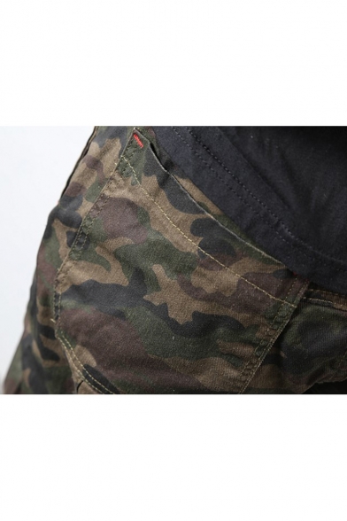 Men's New Fashion Cool Camouflage Printed Drawstring Waist Elastic Cuffs Dark Green Cotton Casual Track Pants