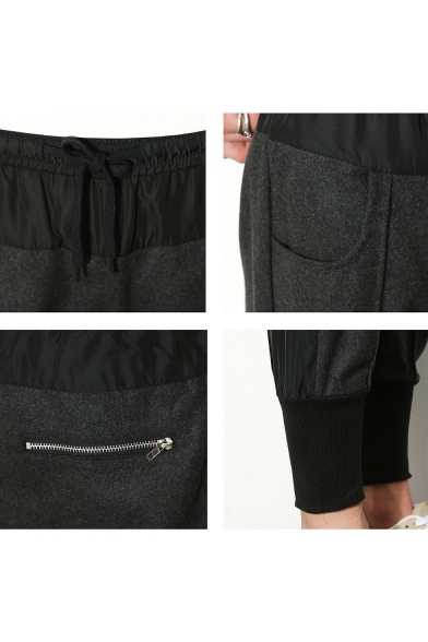 Men's New Fashion Simple Plain Zippered Pocket Behind Drawstring Waist Dark Grey Loose Tapered Pants