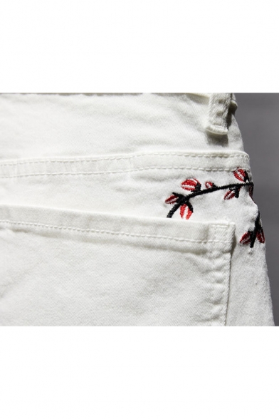 Men's New Trendy Bird Floral Embroidery Pattern Washed-Denim Retro Jeans