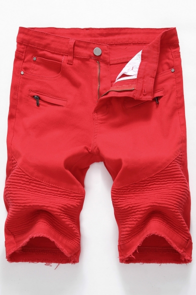 Men's Popular Fashion Solid Color Pleated Detail Zipper Embellished Casual Denim Shorts