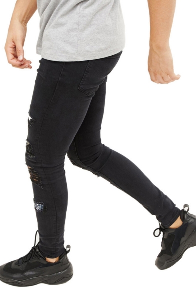 Men's Stylish Patched Distressed Ripped Black Skinny Fit Torn Jeans