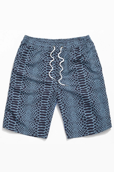 Men's Summer Cartoon Snake Print Snakeskin Pattern Dark Blue Drawstring Waist Sport Beach Shorts Swim Trunks