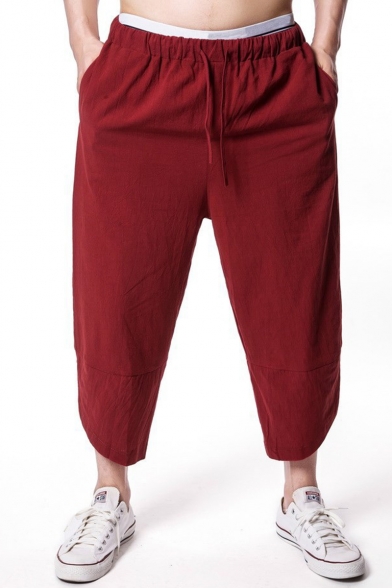 Men's Summer Fashion Simple Plain Drawstring Waist Loose Fit Cotton Linen Tapered Pants