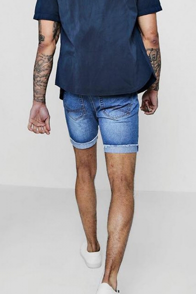 Men's Summer New Fashion Plain Frayed Ripped Detail Rolled Cuffs Blue Denim Shorts