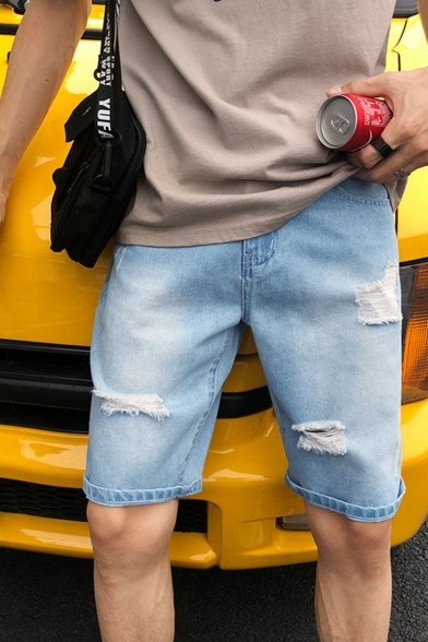Men's Summer Trendy Simple Plain Light Blue Washed Casual Ripped Denim Shorts
