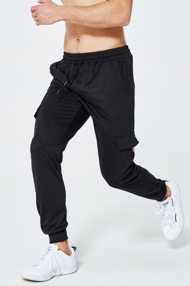 Men's Trendy Flap Pocket Simple Solid Color Drawstring Waist Casual Sports Sweatpants