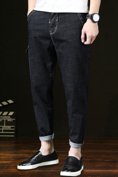 Men's Trendy Letter 09 Pattern Flap Pocket Side Rolled Cuffs Black Slim Jeans