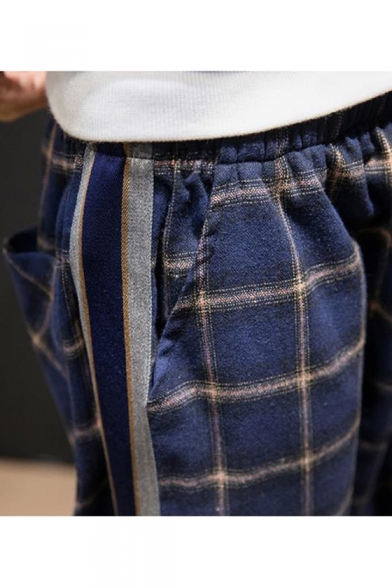 Men's Trendy Plaid Pattern Side Striped Drawstring Waist Elastic Cuffs Casual Tapered Pants