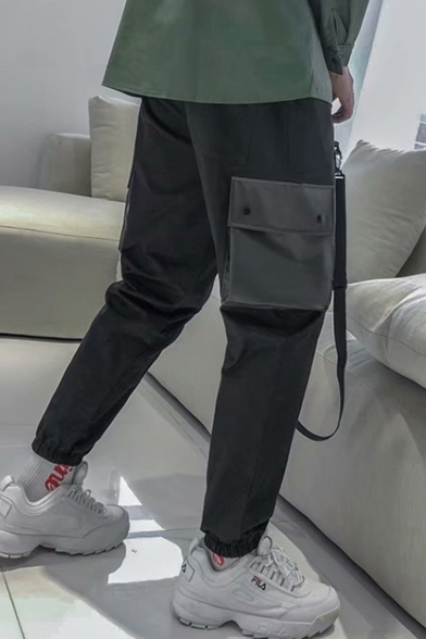 Men's Trendy Simple Plain Black Cotton Casual Drawstring Waist Cargo Pants with Side Flap Pocket