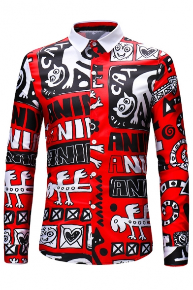 Mens Cool Unique Letter Cat Graffiti Red Long Sleeve Button Up Slim Shirt