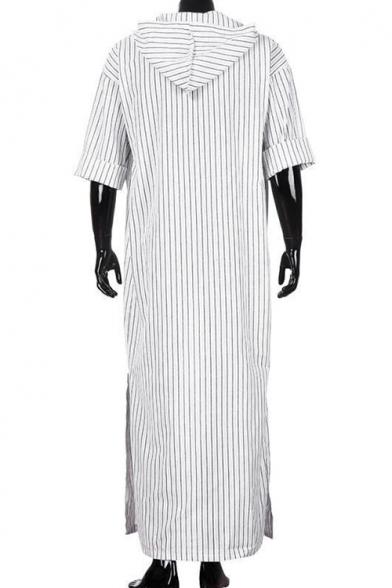 Mens Designer Unique White Striped V-Neck Hooded Casual Loose Linen Extra Long Shirt Blouse Kaftan