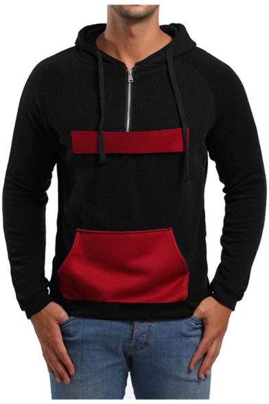 Mens Simple Color Block Long Sleeve Half-Zip Sport Regular Fit Drawstring Hoodie
