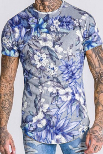 Mens Summer Hot Trendy Floral Print Slim Fit Short Sleeve Tee