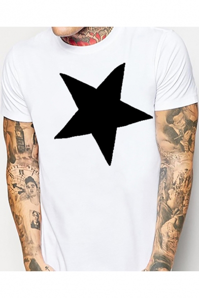 Mens Summer Simple Five-Pointed Star Printed Round Neck Short Sleeve T-Shirt