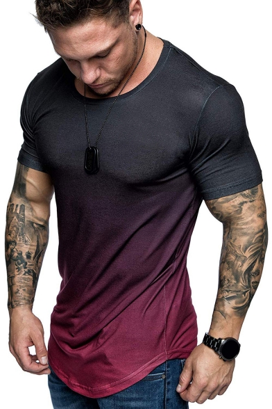 Mens Summer Stylish Ombre Color Round Neck Short Sleeve Fitted T-Shirt