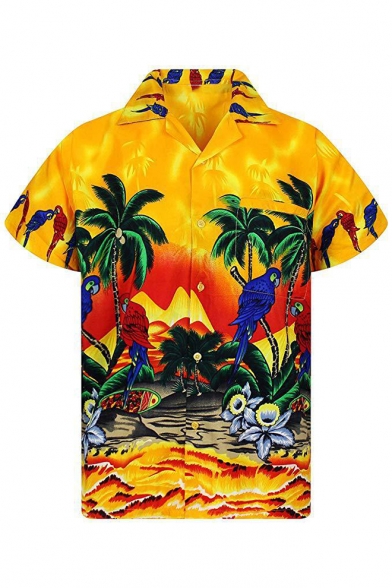 Mens Summer Trendy Holiday Tropical Printed Short Sleeve Button Up Beach Hawaiian Shirt