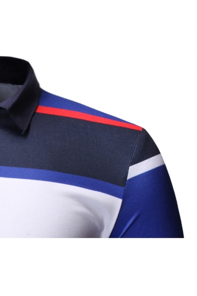 Mens Summer Trendy Three-Button Front Short Sleeve Striped Print Slim Polo Shirt