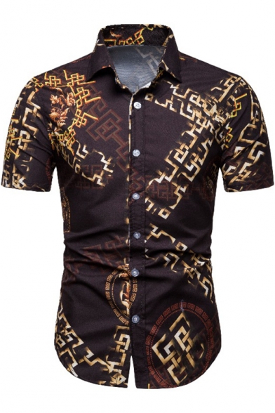 Mens Trendy Pattern Basic Short Sleeve Slim Fitted Button Up Shirt