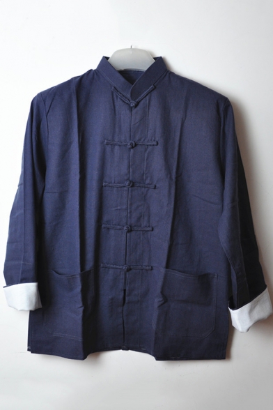 Mens Vintage Chinese Style Stand Collar Frog Button Front Long Sleeve Plain Linen Shirt