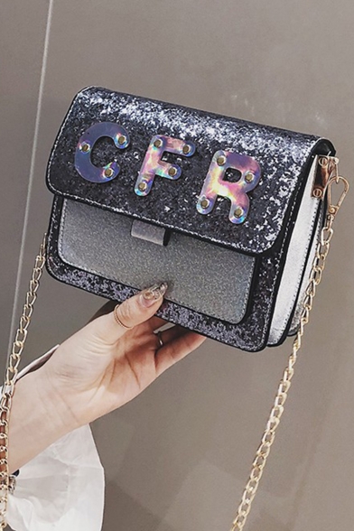 New Fashion Rivet Embellishment Letter CFR Pattern Sequin Crossbody Bag with Chain Strap 19*15*7 CM
