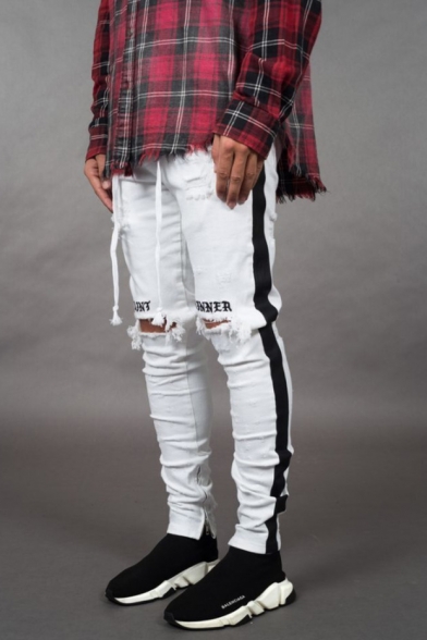 New Stylish Letter Embroidery Knee Cut Stripe Side Casual Ripped Skinny Jeans for Men
