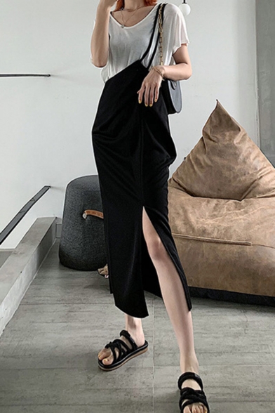 New Stylish Womens Plain High Waist Split Front Straps Maxi Skirt