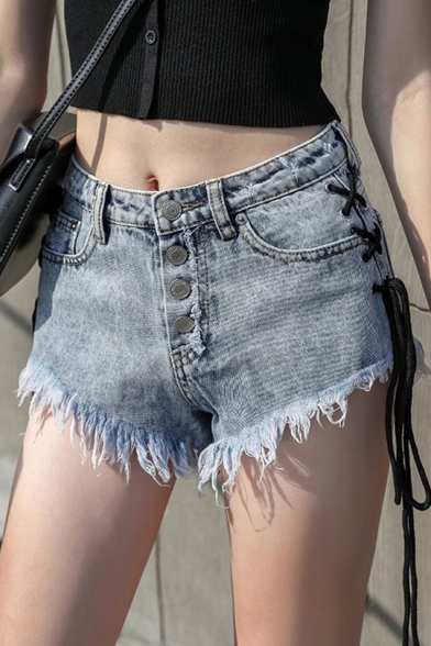 New Stylish Womens Summer Fashion Lace-Up Side Button Front Raw Hem Denim Shorts
