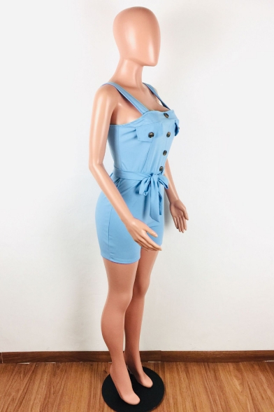 New Trendy Womens Sexy Blue Button Front Sleeveless Bow-Tied Waist Slim Romper