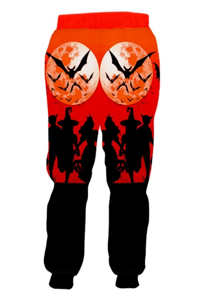 Popular Fashion Creative Halloween Witch Bat 3D Printed Drawstring Waist Red Casual Loose Jogging Sweatpants