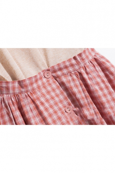 Red Check Print Button Down Chic Vintage Fashion A-Line Midi Skirt