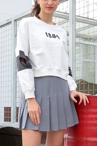 Simple Letter Number 1849 Embroidery Colorblock Hollow Long Sleeve Cropped Sweatshirt