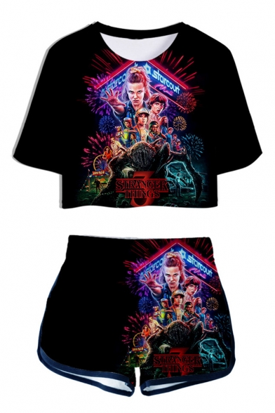 

Stranger Things Popular Character Printed Short Sleeve Crop Tee with Dolphin Shorts Two-Piece Set, Color 1;color 2;color 3;color 4;color 5;color 6;color 7;color 8, LC541115