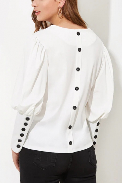 Stylish Button Embellished Simple Plain V-Neck Bishop Long Sleeve White Blouse