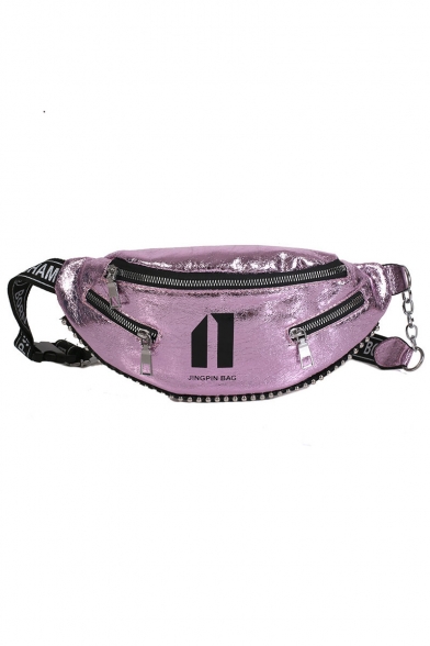Stylish Graphic Pattern Rivet Zipper Embellishment Laser Waist Belt Bag 30.5*14*8 CM