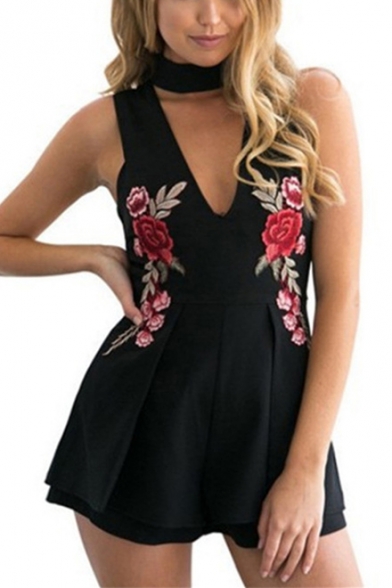 Stylish Simple Plain Chic Rose Embroidered V-Neck Sleeveless Zip-Back Romper