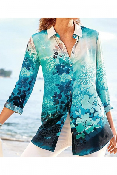 Stylish Womens Elegant Floral Print Nine Point Sleeve Button Down Holiday Fitted Shirt