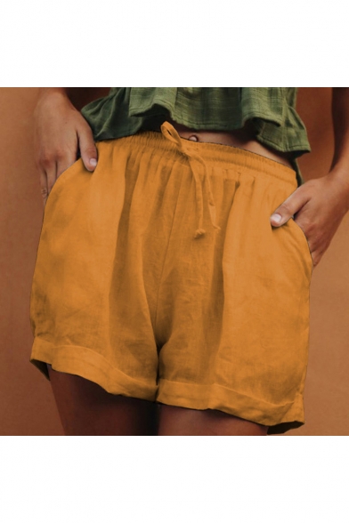Summer Casual Loose Simple Plain Womens Drawstring Waist Linen Pull On Shorts