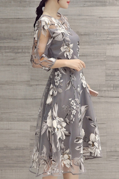 Summer Chic Floral Printed Round Neck Three-Quarter Sleeve Midi A-Line Organza Dress
