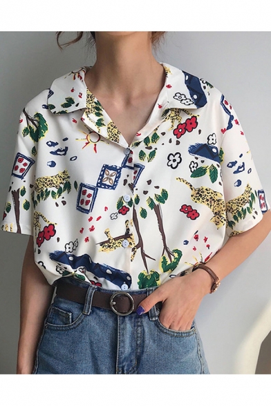 Summer Fashion Floral Leopard Printed Notched Lapel Collar Short Sleeve White Shirt