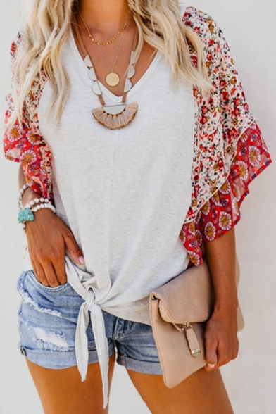 Summer Fashion Floral Printed Short Sleeve Tied Hem White Casual Blouse Top