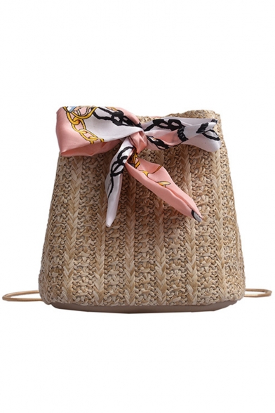 Summer Fashion Plain Silk Bow Tied Straw Crossbody Beach Bag Bucket Bag 17*16*12 CM