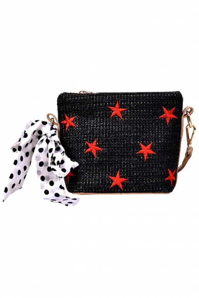 Summer Fashion Star Embroidery Polka Dot Scarf Bow Tied Straw Crossbody Bucket Bag 19*15*10 CM