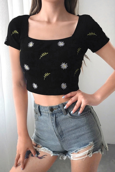 Summer Girls Simple Floral Embroidery Square Neck Short Sleeve Black Fitted Crop Tee